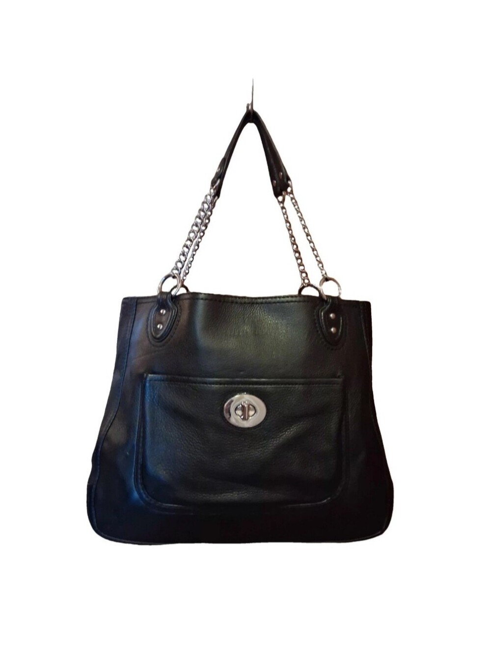 COACH POPPY PEBBLED BLACK LEATHER CHAIN STRAPS LARGE SHOULDER BAG. LIKE NEW